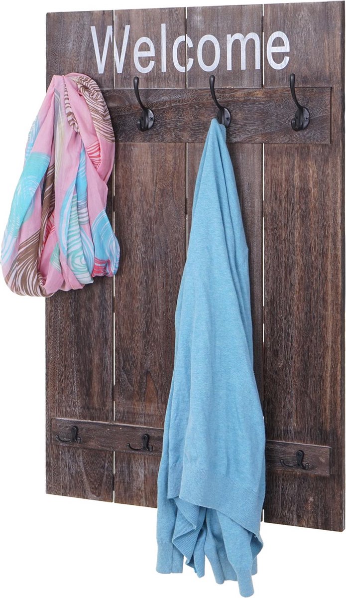Cosmo Casa Cosmo Casas Wandkapstok - Welkom - Kapstokpaneel - Vintage shabby uitstraling - 91x60 cm - Bruin - Shabby