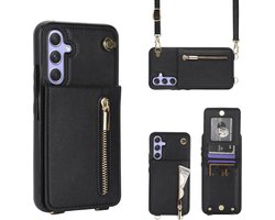 Geschikt Voor Samsung Galaxy S23 FE Hoesje Met Koord - Solidenz Portemonnee Hoes S23 FE - Telefoonhoesje Met Koord S23 FE - Wallet Case - Cover Hoes Met Koordje - S23FE - Zwart