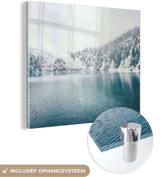 MuchoWow® Glasschilderij 90x90 cm - Schilderij acrylglas - Winter - Water - Sneeuw - Foto op glas - Schilderijen