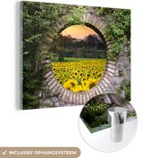 MuchoWow® Glasschilderij 160x120 cm - Schilderij acrylglas - Doorkijk - Bloemen - Zonnebloem - Foto op glas - Muurdecoratie woonkamer - Wanddecoratie slaapkamer - Schilderijen