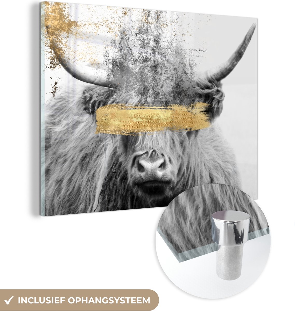 MuchoWow® Glasschilderij 160x120 cm - Schilderij acrylglas - Schotse hooglander - Goud - Verf - Foto op glas - Schilderijen