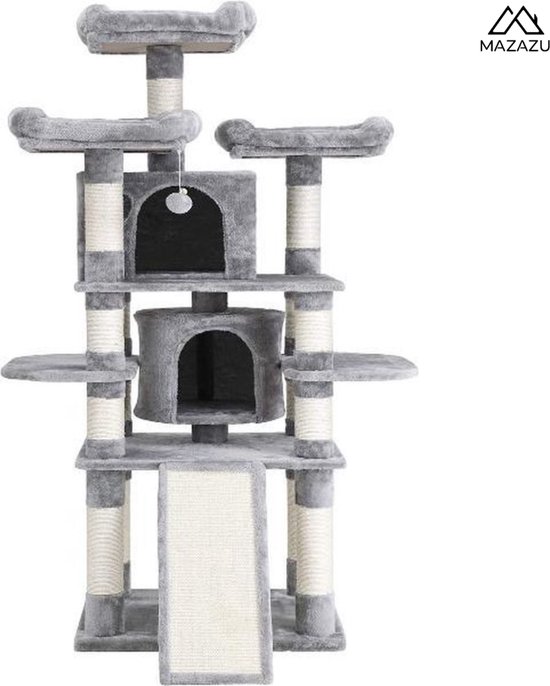 MIRA Home - Krabpaal voor katten - Krabpaal - Kattenpaal - Sisal/Pluche - Zwart/Lichtgrijs - 50x50x172cm