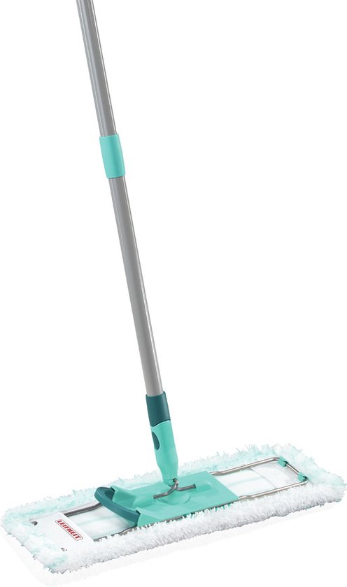Serpillière Leifheit Profi XL Micro Duo avec fixation turquoise et tête microfibre blanche.