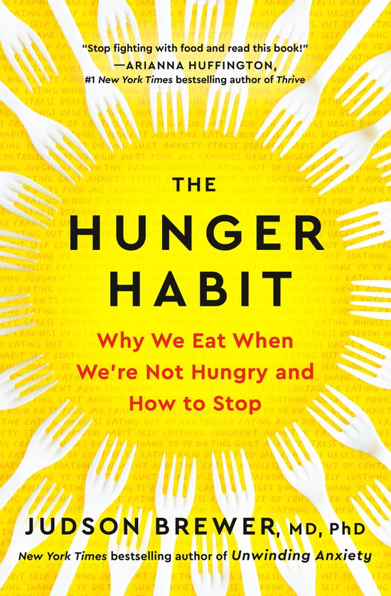 Boek "The Hunger Habit" met witte lepels op de achtergrond.