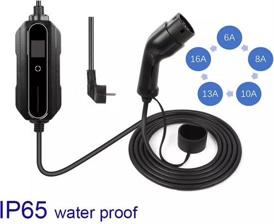 Mobiele Thuislader - IP66 Waterdicht - Type 2 vanaf stopcontact EU - 8A/10A/13A/16A - 1 Fase - 10 meter
