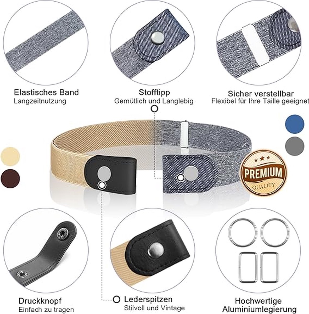 Verstelbare rekbare elastische riem zonder gesp - 4 stuks, voor heren en dames (Geen