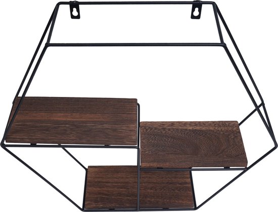 Set Van 3 Zwevende Zeshoekige Houten Planken - Donkere Walnoot Massief Hout Wanddecoratie