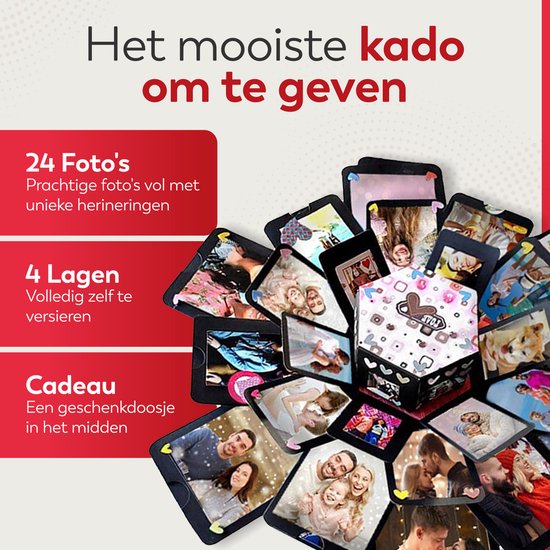 Omslag '24 Foto's, 4 Lagen'. Veel foto's rond een middelste doos.