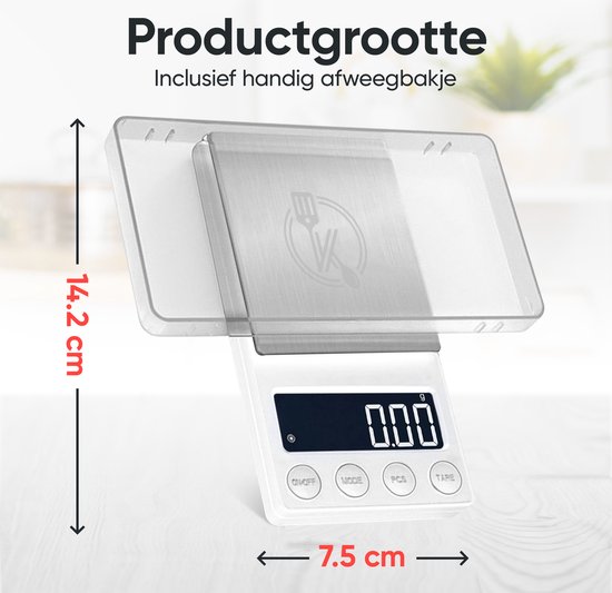Afmetingen van de witte keukenweegschaal: 14.2 cm hoog en 7.5 cm breed, met afneembaar weegbakje.