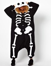 KIMU Onesie Skelet Pak - Maat XS-S - Skeletpak Kostuum Zwart Wit Botten 152 158 - Halloween Huispak Jumpsuit Pyjama Dames Heren Overall Festival