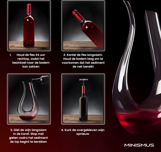 Instructions pour carafer le vin, montrant une bouteille droite, inclinée, et le vin versé dans une carafe.
