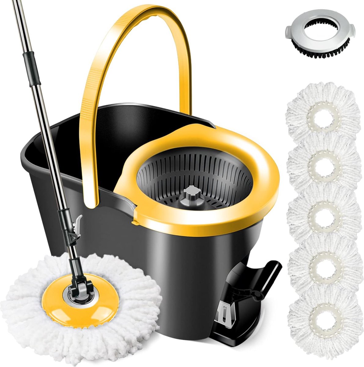Goedkoopste Dweil en Schoonmaakemmer Set, Professionele Vloerdweil met Telescopische Steel, Schoonmaakset met Voetpedaal, 5 Microvezel Pads en 1 Borstelkop Inbegrepen, voor Alle Vloertypes (Zwart Geel