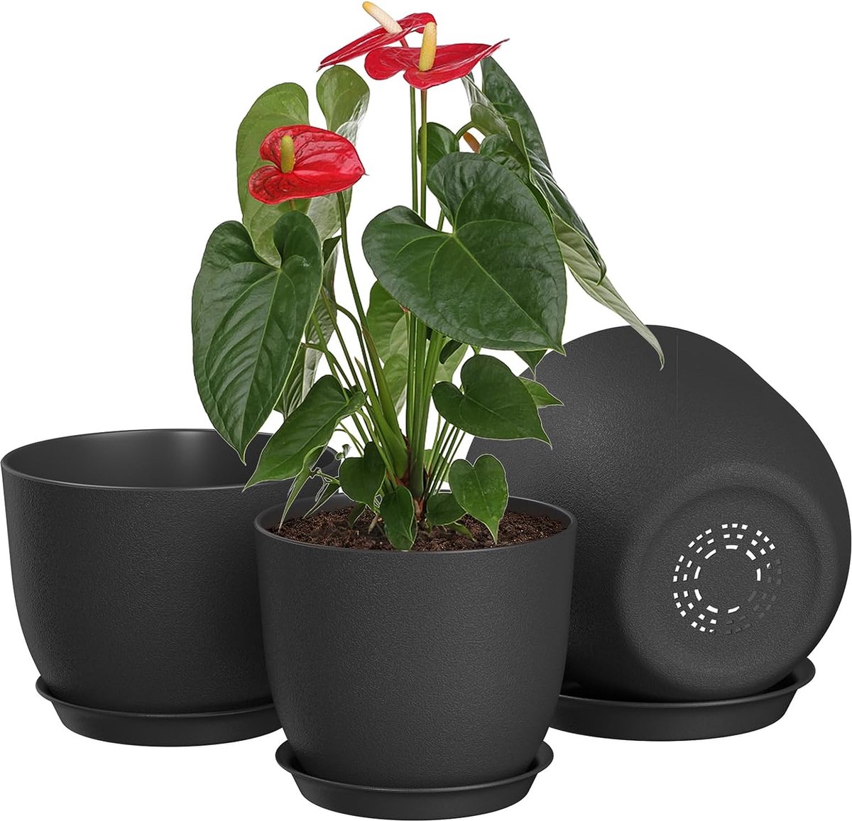 Naseom Set van 2 plantenpotten 12 cm, plantenpot met drainagegaten en schotel, plantenpotten binnen, plastic plantenpot, moderne plantenbakken, bloempotten voor huis, tuin, vensterbank (donkergrijs
