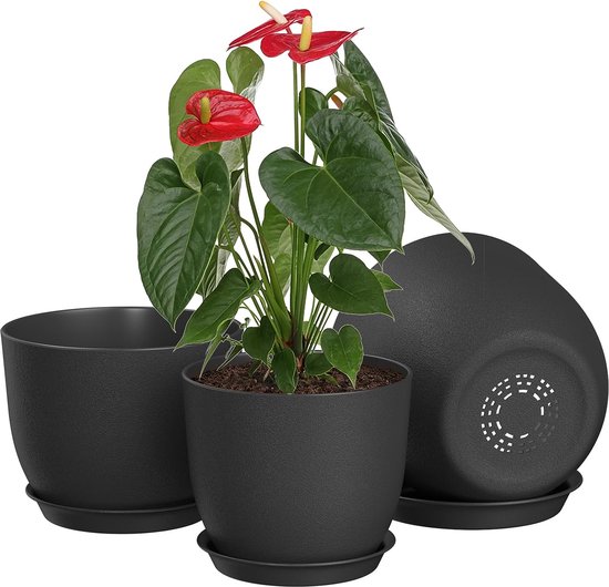 25/23/20 cm Zwarte Bloempot, Plastic Kruidenpot met Afvoergaten en Onderschotels, Een Set van 3 Plantenpotten voor Binnen- en Buitengebruik.