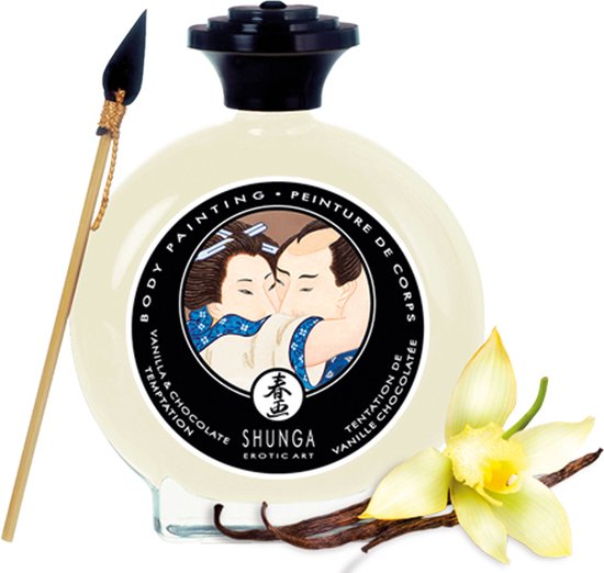 Shunga Eetbare Bodypaint Vanilla Chocolate Temptation met applicator, vanillebloem en vanillestokjes. Het label toont een Aziatisch stel dat elkaar kust.