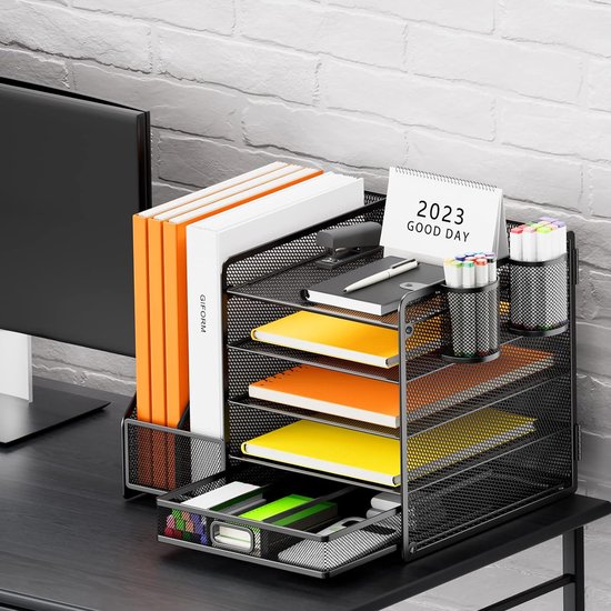 TSDRBWO Bureau-organizer, bestandshouder met 2 pennenhouder, 5-laags papieren brievenbak-organizer met lade, mesh-desktopopslag met tijdschriftenhouder voor kantoorbenodigdheden, paars TSDRBWO Bureau-organizer, bestandshouder met 2 pennenhouder, 5-laags papieren brievenbak-organizer met lade, mesh-desktopopslag met tijdschriftenhouder voor kantoorbenodigdheden, paars