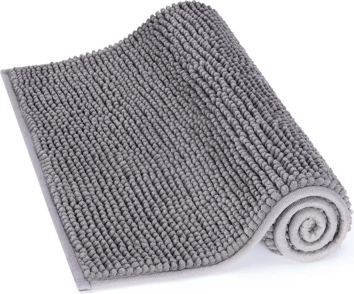 Antislip badmat van microvezel chenille tapijt voor de badkamer, grijs, 80 x 50 cm.