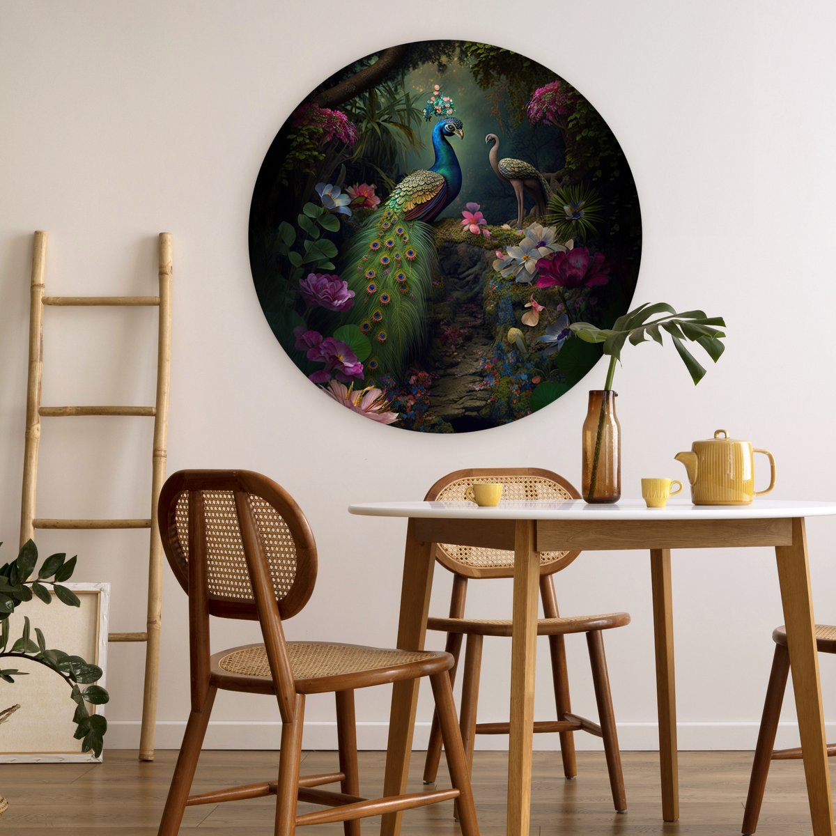 Cercle mural nature - Paon - Fleurs - Jungle - Tropical - Tableaux ronds -  Décoration