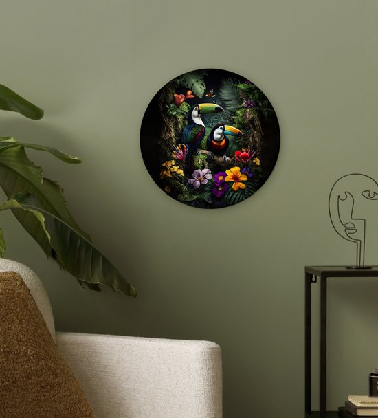 WallCircle - Wall Circle - Wall Circle Indoor - Toucan - Fleurs - Tropical - Jungle - Vogel - 30x30 cm - Décoration murale - Peintures Ronds