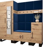 Garderobekast met spiegel Ganggarderobe Compacte garderobe Vestibule Wandkast Plank Hal & Gang Kast Schoenenkast Gestoffeerde panelen en met een kussen - (BxHxD): 200x196x45,6 cm - ERNETST 13 - Artisan (Blauw (Manila 26))