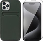 Hoesje Pasjeshouder geschikt voor iPhone 15 Pro Max - Screenprotector GlassGuard - Siliconen Case Back Cover Groen & Screen Protector
