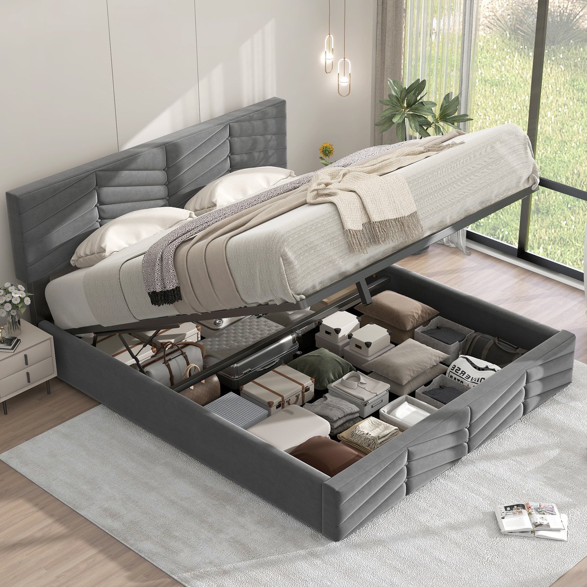 Gestoffeerd bed, tweepersoonsbed, hydraulisch functioneel bed, fluweel, streepstijl, conti