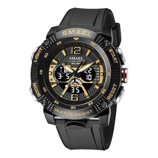 Shockbestendig Heren Horloge Zwart met goud | Smael | 8058 | | Casual | Leder band | Timer | Eyecatcher | Master | Cadeau