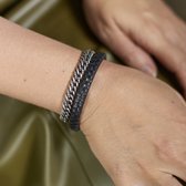 Bijoux SOIE - Bracelet Argent - Double Linked - 240BLK.18 - cuir noir - Taille 18