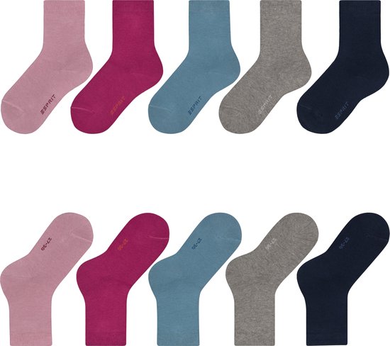 Tien Esprit sokken, twee van elke kleur: roze, fuchsia, blauw, grijs en donkerblauw.