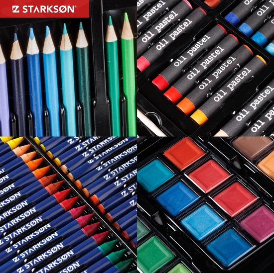 Close-up van kleurpotloden, oliepastels en waterverf uit een tekenkoffer.