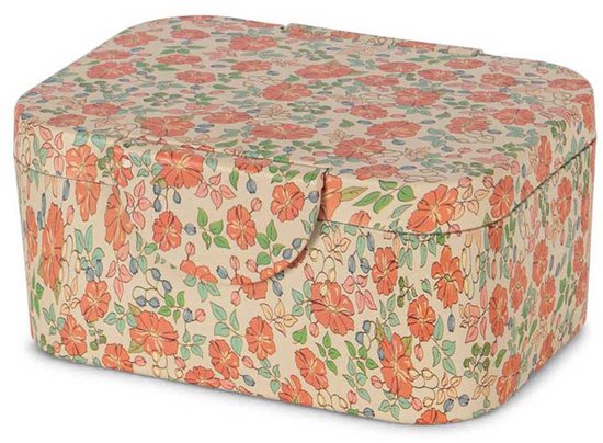 Boîte à pain avec un imprimé floral orange et vert sur fond beige.