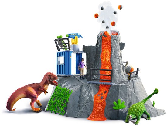 Speelgoed vulkaan met T-Rex, Ankylosaurus, wetenschapper en blauw containerstation.