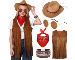 Hippie Kostuum Vrouwen Set 60s 70s Cowgirl Western Kleding met Bruin Vest Franjes Zonnebril Cowboy Hoed Quadratisch Negerchief voor Halloween Feest