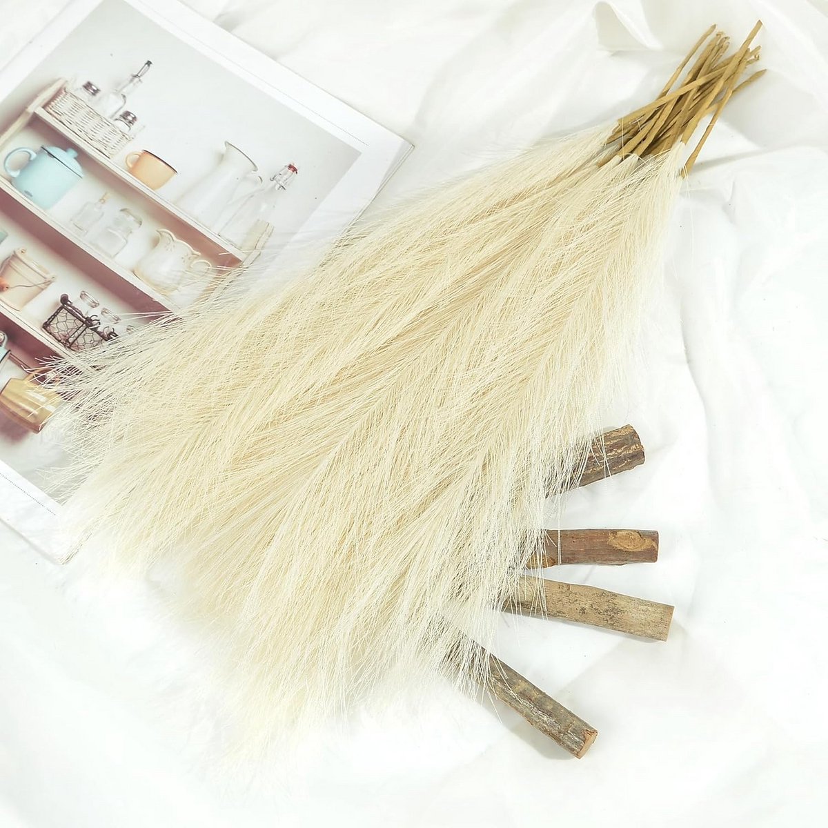 Kunstmatige pampasgrasstelen 17 inch, pluizig rietboeket voor boho decor, bruiloft en fees