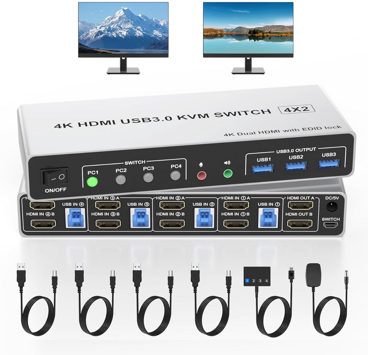 4K 60Hz HDMI USB 3.0 KVM Switch voor 2 Monitoren - 4 Poorten met EDID, Dual Monitor, Audio Uitgang en 3 USB 3.0 Poorten voor Meerdere Computers