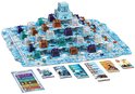 Bordspel met een blauw ijzig speelveld, witte ijsblokken, oranje en paarse piramides en een glazen piramide in het midden.