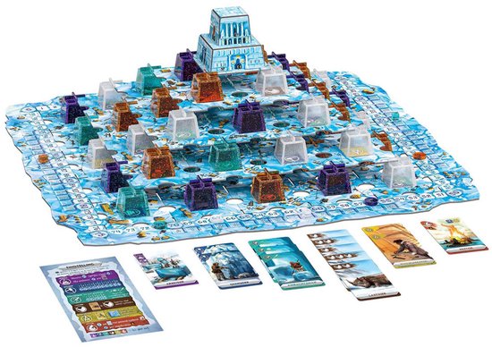 Bordspel met een blauw ijzig speelveld, witte ijsblokken, oranje en paarse piramides en een glazen piramide in het midden.