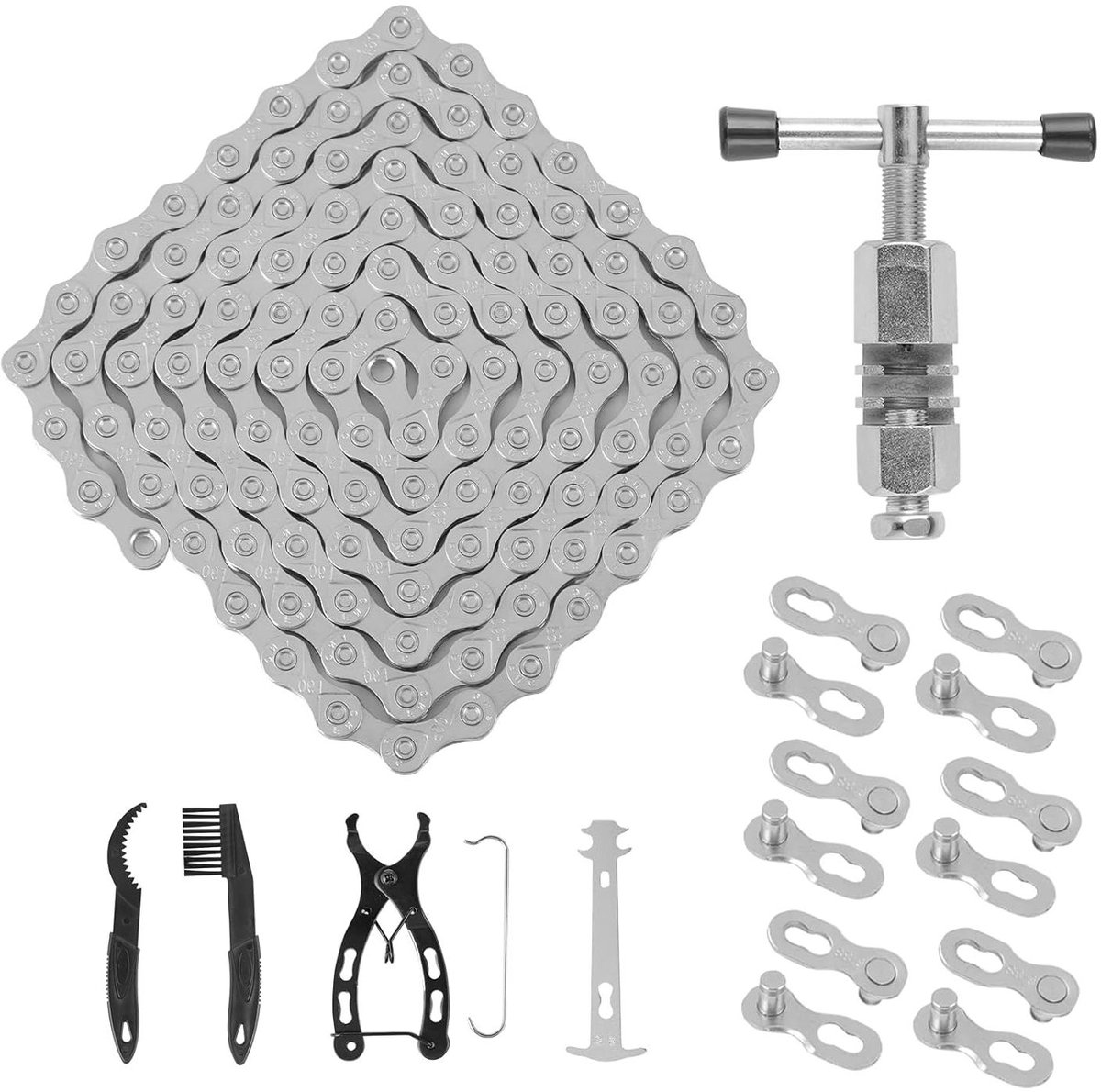 Ronte - Fietsketting 6/7/8-voudige 1/2 x 3/32 inch 116 schakels Kettinggereedschapsset Aluminiumlegering Kettingbreker Mountainbike Racefiets Zilver