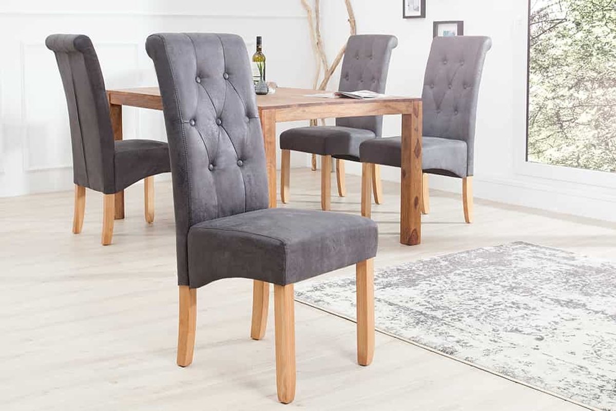 Elegante stoel CASA vintage grijs met decoratieve knopen massief houten poten - 37293