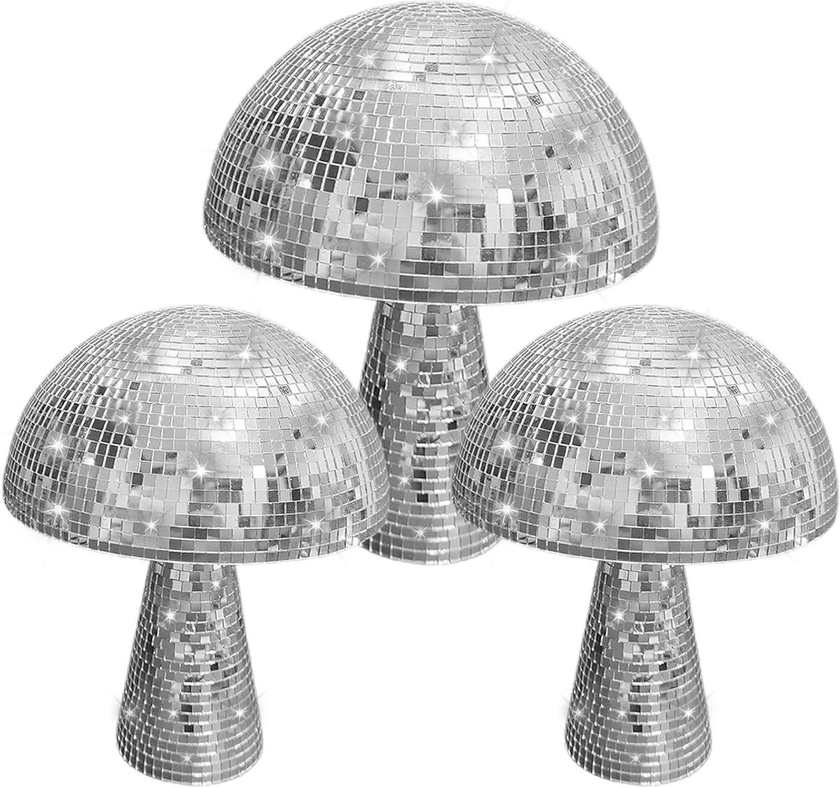 Ronte - Disco paddenstoelen set van 3 stuks zilver decoratief - Feestelijke discobal paddenstoel voor decoratie