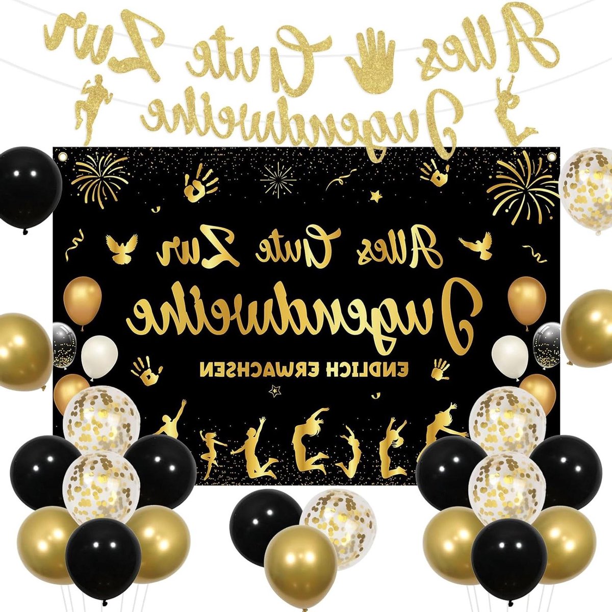 Ronte - Feestelijke banner "Happy Birthday" voor een volwassen feest met zwart en gouden ballonnen