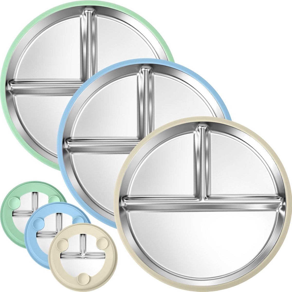 3-pack roestvrijstalen peuterborden - met zuignappen - 23 × 23 × 2,3 cm - Peuterborden met vakken - met siliconen hoezen - Antislip 2-in-1