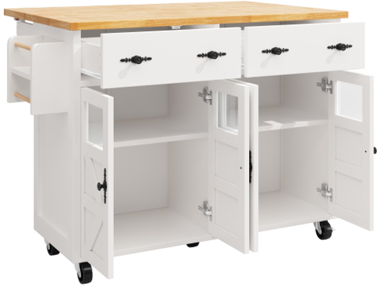 Keuken Eiland Opbergmeubel Uitbreidbaar Wit Metaal Voor Keuken Eetkamer Tot 140 x 73 x 93,5 cm Met Uitschuifbaar Ontwerp Wielen Handdoekhouder Kruidenplank Verstelbare Planken 2 Deuren 5 Laden Multifunctioneel