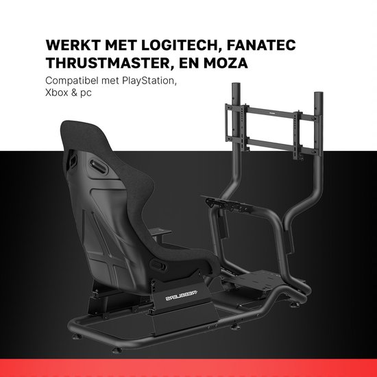 Zwarte racestoel met verstelbare stoel en pedaalplaat, inclusief monitorhouder en schakelpookhouder.