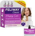 Verpakking van Feliway Classic Happy Cat met drie flesjes. Een vrouw houdt een kat vast. Opdruk: "3 x 30 dagen voordeelpak".