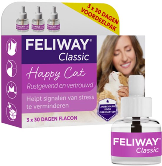 Verpakking van Feliway Classic Happy Cat met drie flesjes. Een vrouw houdt een kat vast. Opdruk: "3 x 30 dagen voordeelpak".