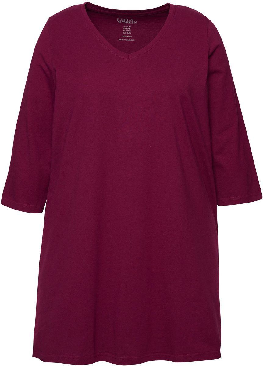 Ulla Popken - Dames - Longshirt A-lijn V-hals 3/4-mouwen - Donker bes - Maat 66+