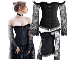 Merkloos - Gothic Overbust Gorset - Zwart - Vetersluiting - 14 Fiszbinen