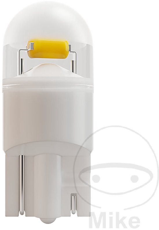 Witte LED-lamp met een gele capsule en een metalen T10 fitting. Watermerk 'Mike' rechtsonder.