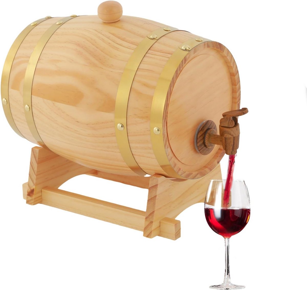 Wijnvat hout 3 liter met kraan en standaard - grenenhouten whisky- en wijnvat voor thuis, bar en hotel, ellipsvorm 16x23,5 cm
